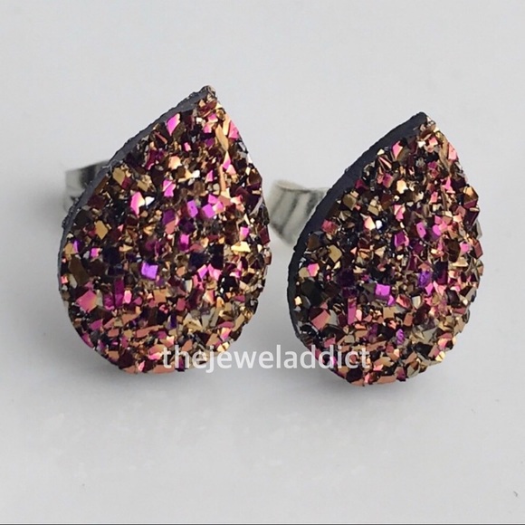 3 for 15🎀 magenta Copper Faux Druzy teardrop Stud - Picture 3 of 6